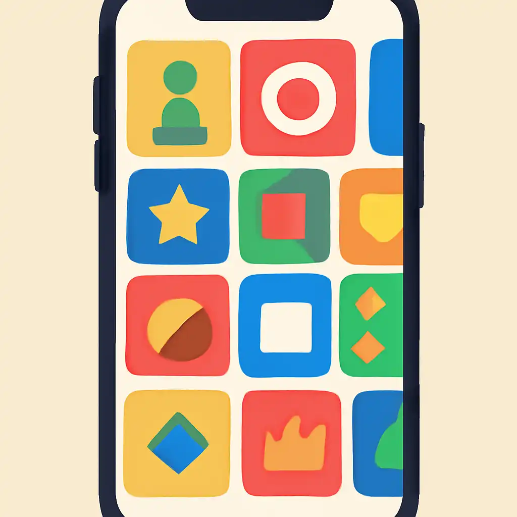 Smartphone shown from the front displaying a colourful flat layout of abstract game icons and rounded tiles (no text, no letters, no labels), 55 Game
