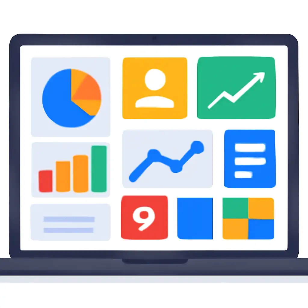 Laptop shown from the front displaying a colourful flat dashboard of abstract charts, bars and icon tiles (no text, no letters, no labels), 55 Game