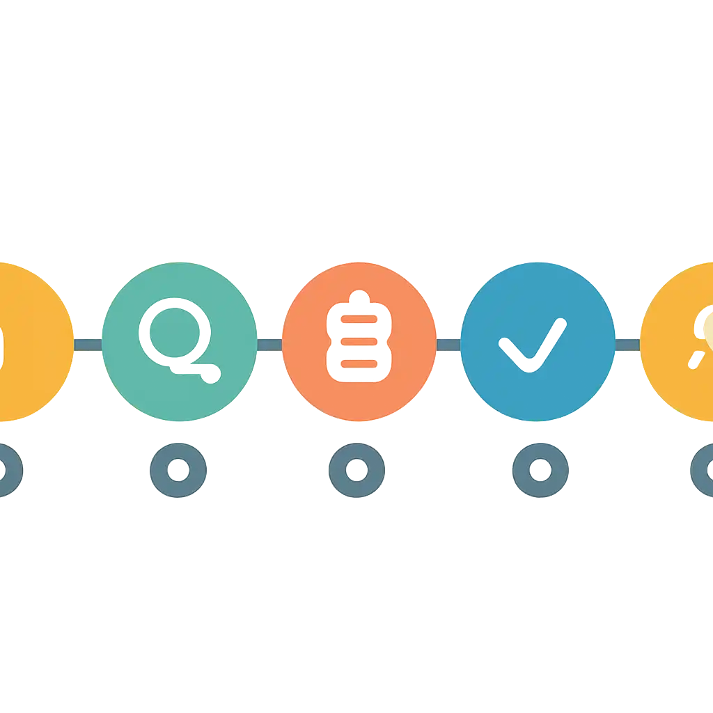 Five numbered circular icons connected by arrows in a horizontal flow, flat illustration, icons only, no words, 55 Game steps